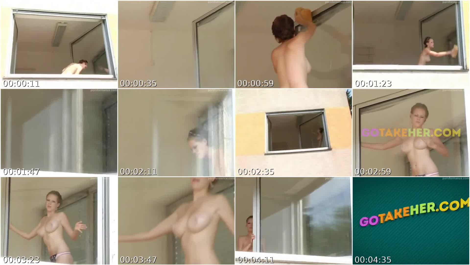 Short haired girl washes windows topless